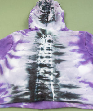 
                
                    Load image into Gallery viewer, Purple and black tie dye hoodie crop top with draw strings.
                
            