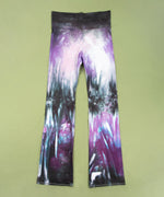 Purple and black tie dye yoga pants with wide waistband and flare bottoms by Akasha Sun.