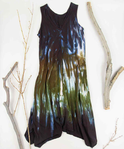 Green, brown, and black tie dye dress by Akasha Sun.