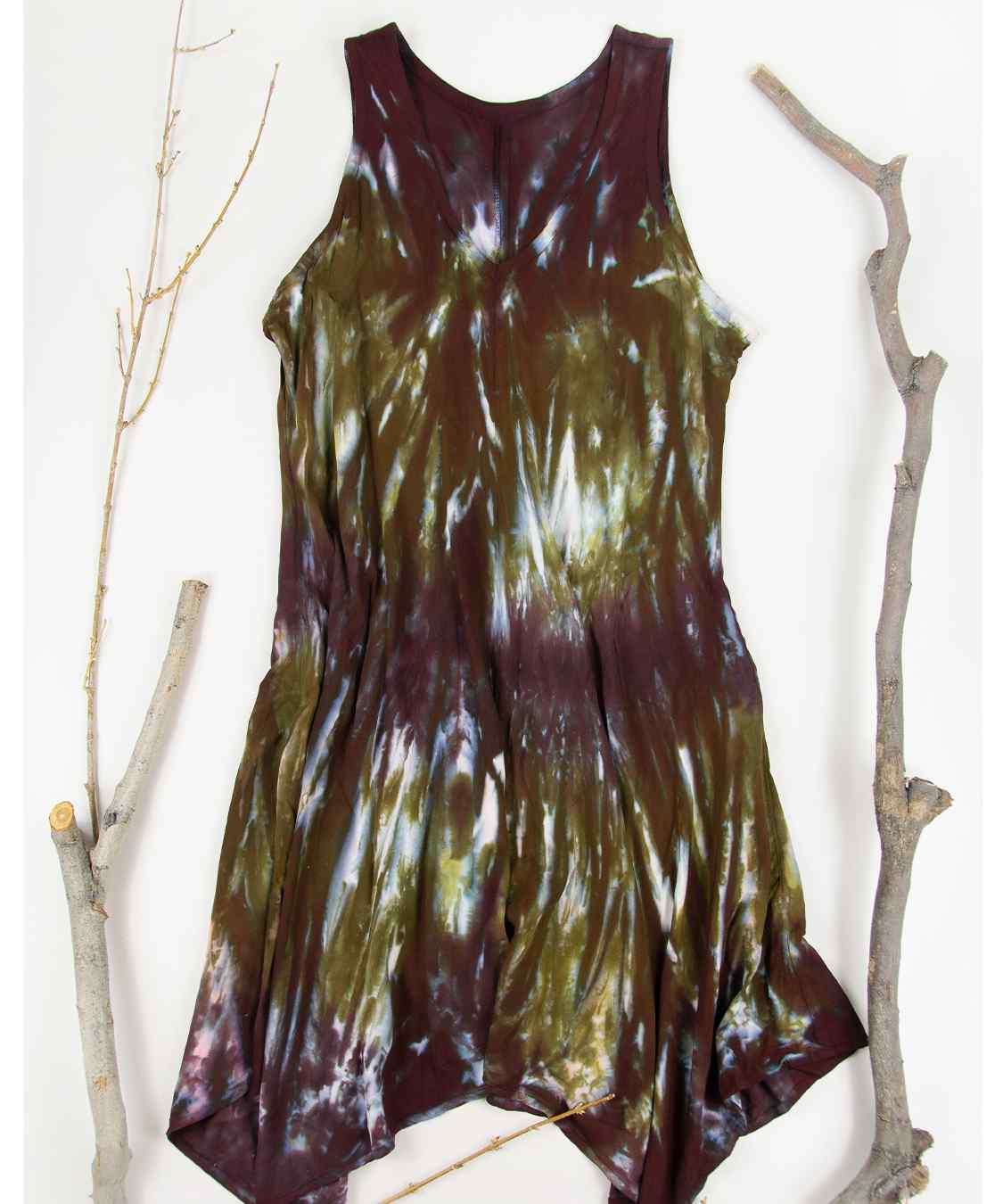 Brown and green tie dye dress by Akasha Sun.