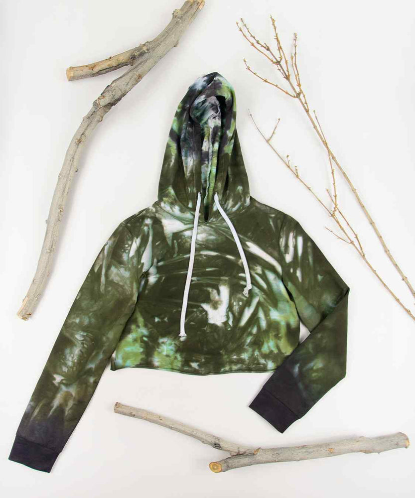 
                
                    Load image into Gallery viewer, Green tie dye hoodie crop top by Akasha Sun.
                
            
