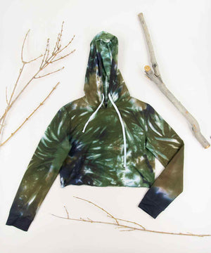 
                
                    Load image into Gallery viewer, Green and black tie dye hoodie crop top by Akasha Sun.
                
            
