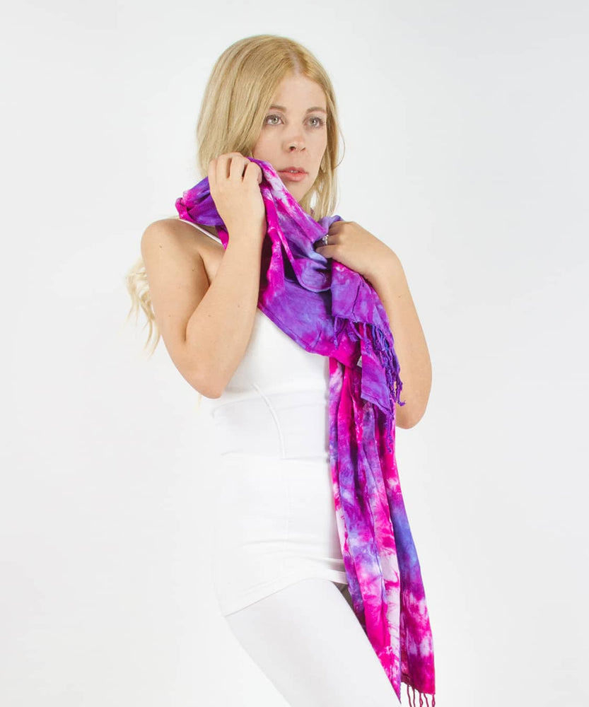 
                
                    Load image into Gallery viewer, Woman wearing a pink and purple tie dye scarf by Akasha Sun.
                
            