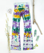 Tie dye Mardi Gras yoga pants with a foldover waistband by Akasha Sun.