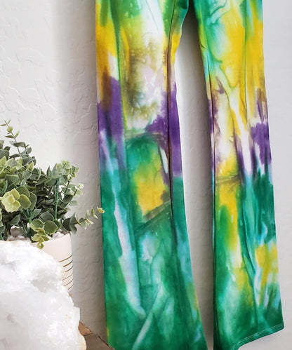 Mardi Gras tie dye yoga pants with wide waistband.