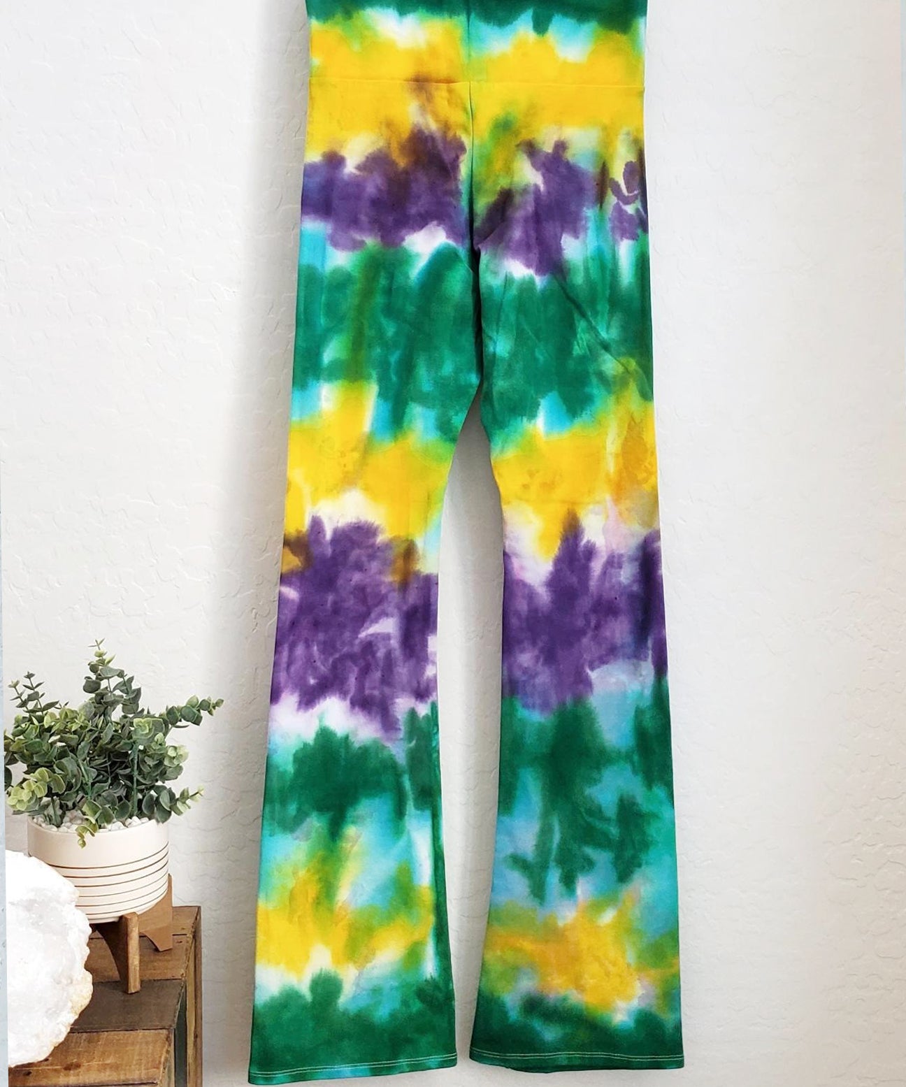 Mardi Gras tie dye yoga pants with wide waistband.