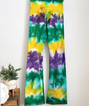
                
                    Load image into Gallery viewer, Mardi Gras tie dye yoga pants with wide waistband.
                
            