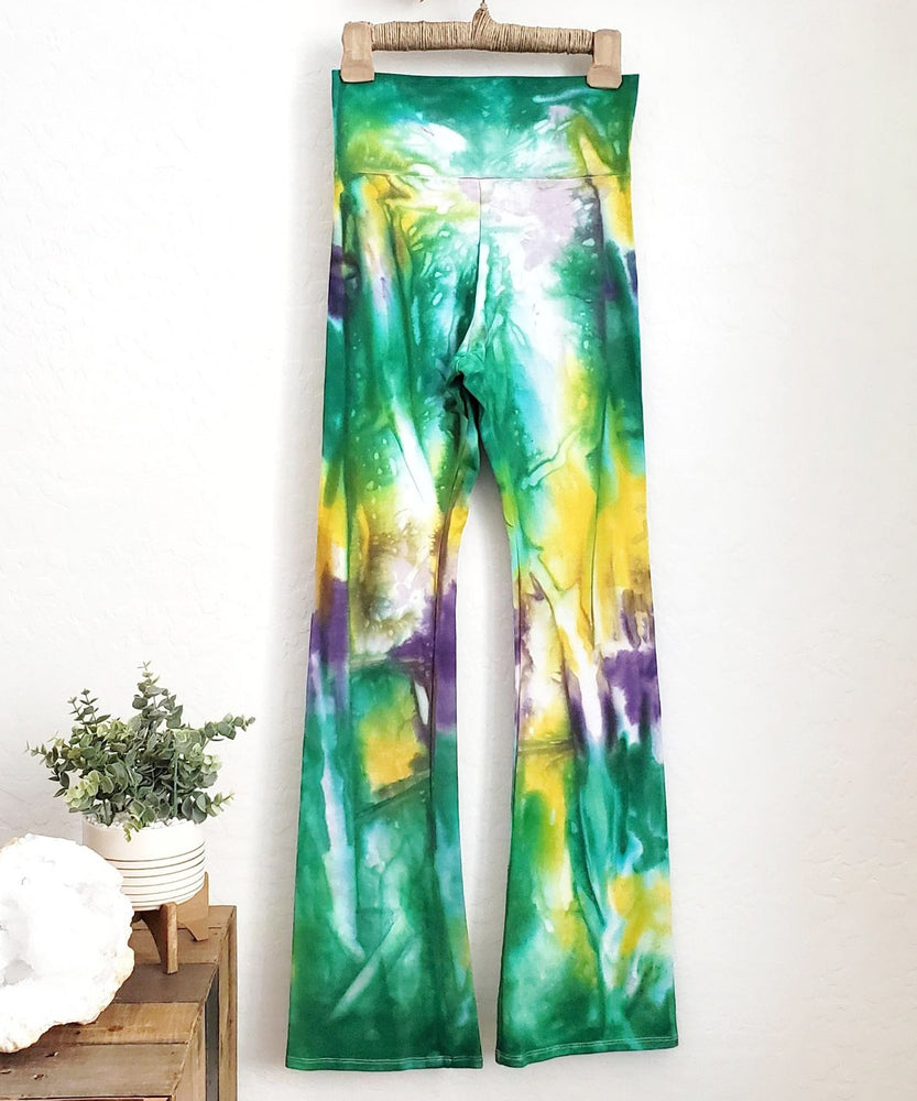 Mardi Gras tie dye yoga pants with wide waistband.