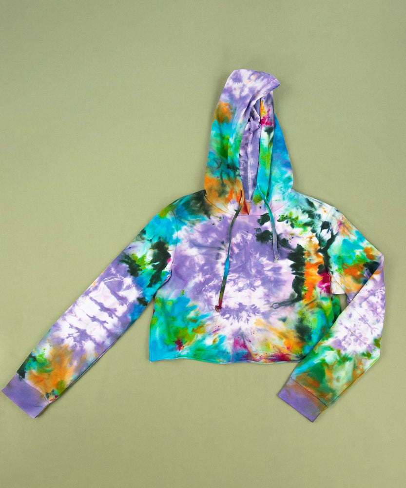 Rainbow tie dye hoodie crop top with a hood and drawstrings.