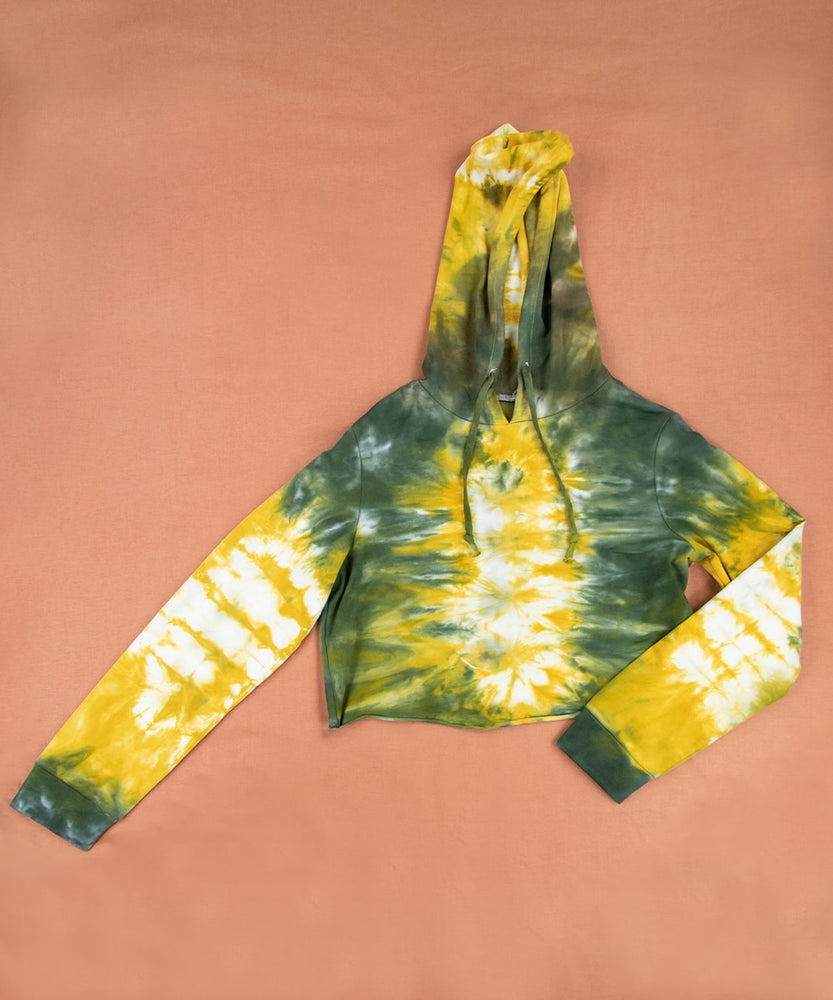 
                
                    Load image into Gallery viewer, Gold and green tie dye hoodie crop top with a hood and drawstrings by Akasha Sun.
                
            