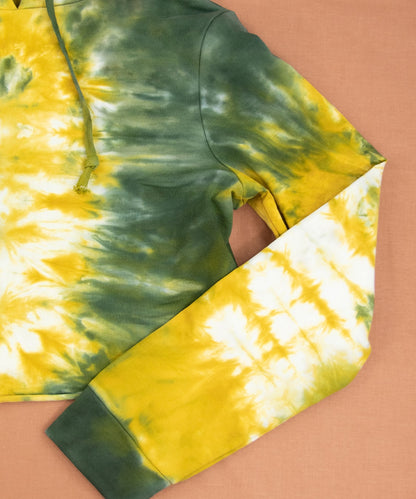 Gold and green tie dye hoodie crop top with a hood and drawstrings by Akasha Sun.