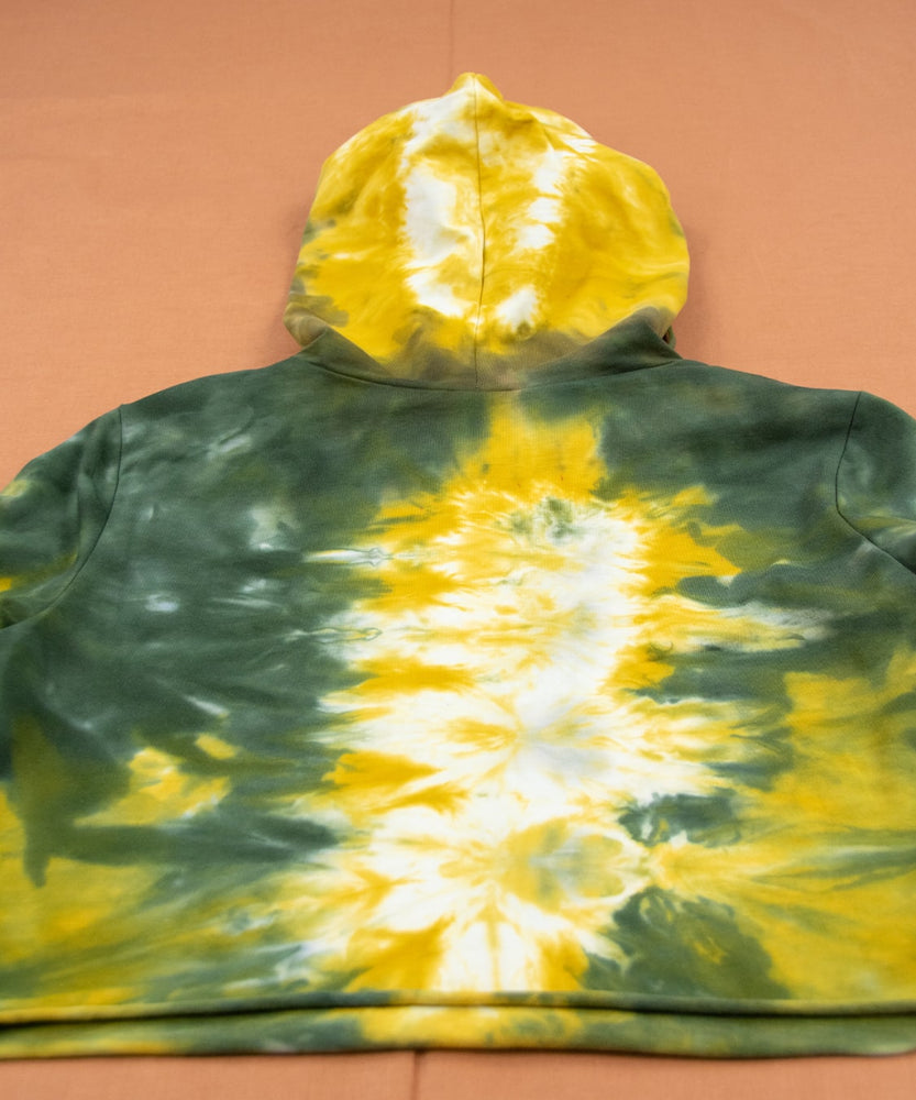
                
                    Load image into Gallery viewer, Gold and green tie dye hoodie crop top with a hood and drawstrings by Akasha Sun.
                
            