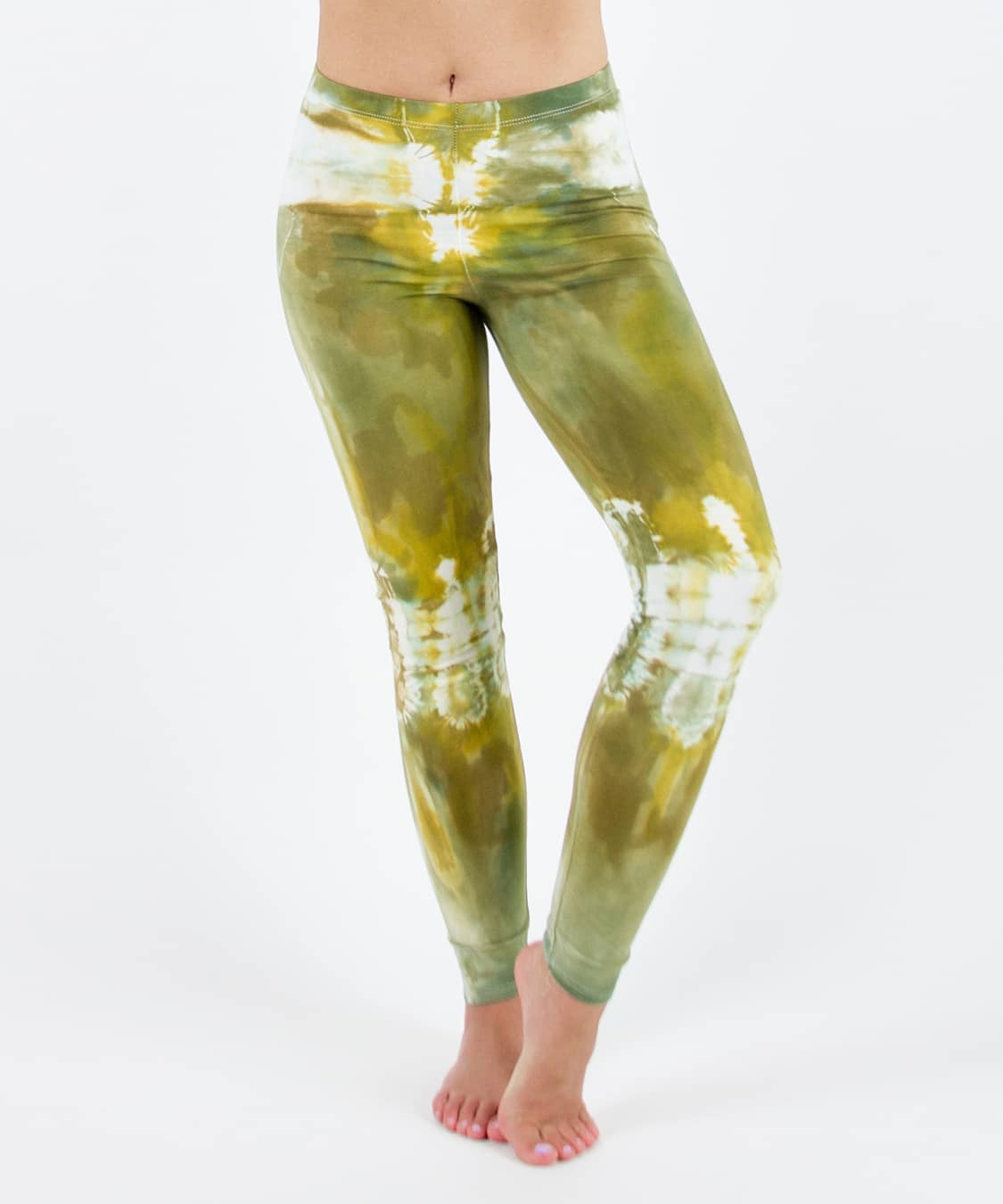 Gold and green tie dye yoga leggings by Akasha Sun.