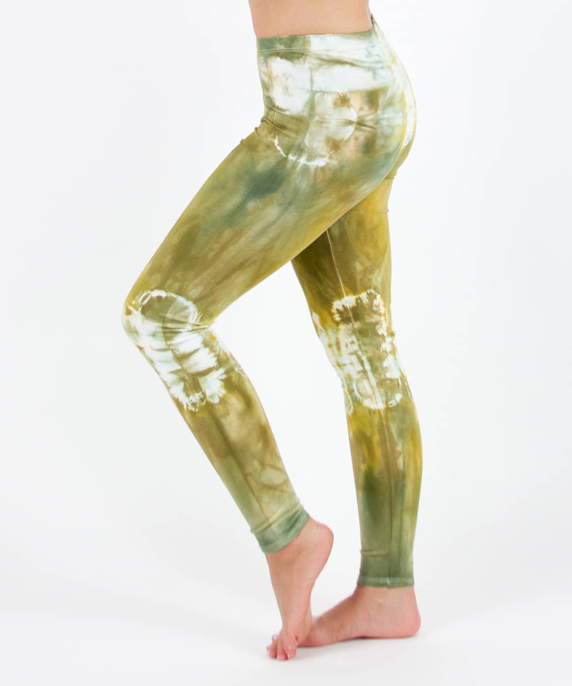 Gold and green tie dye yoga leggings by Akasha Sun.