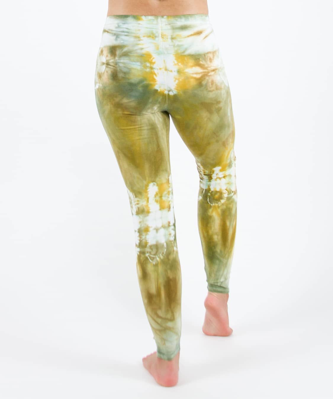 Gold and green tie dye yoga leggings by Akasha Sun.