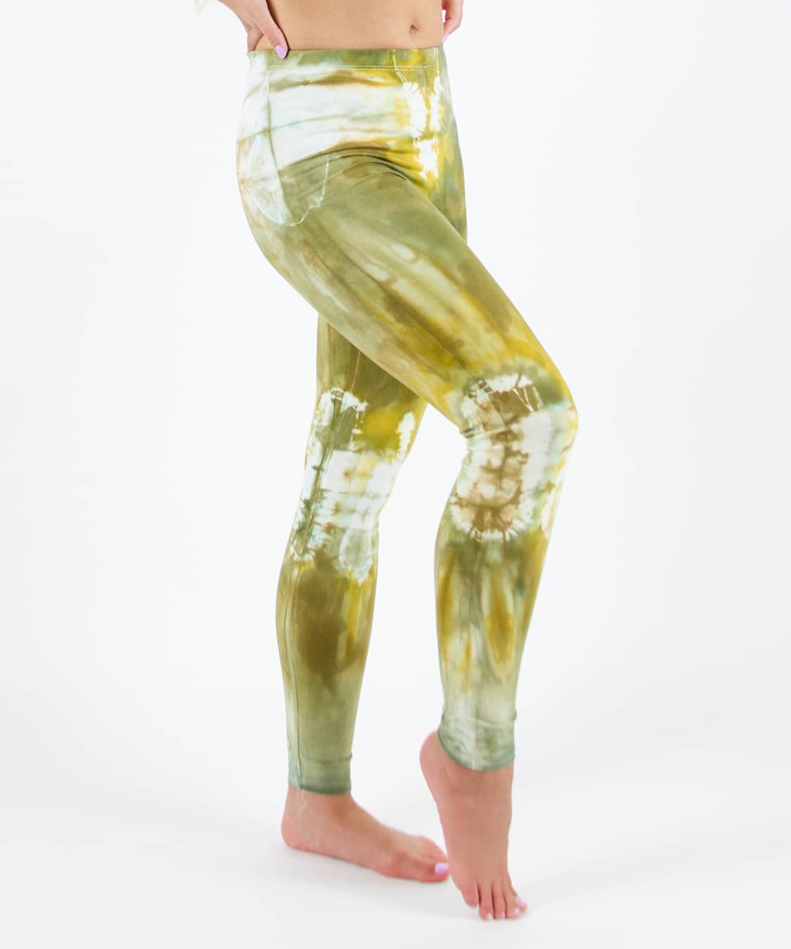 Gold and green tie dye yoga leggings by Akasha Sun.