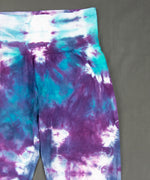 Blue and purple tie dye leggings with wide waistband.