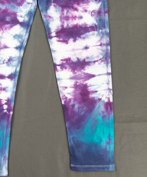 
                
                    Load image into Gallery viewer, Blue and purple tie dye leggings with wide waistband.
                
            