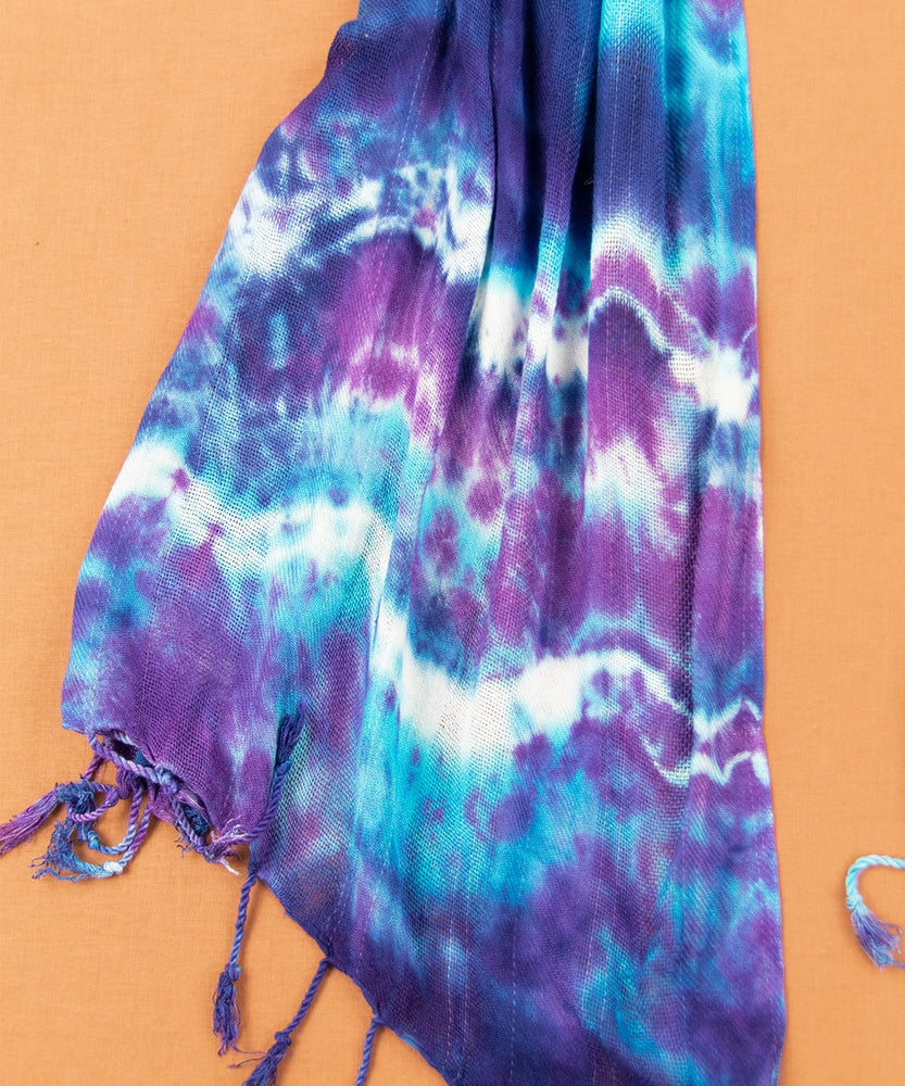 Purple and blue tie dye scarf.