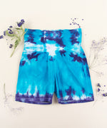 Blue tie dye wide band yoga shorts by Akasha Sun.