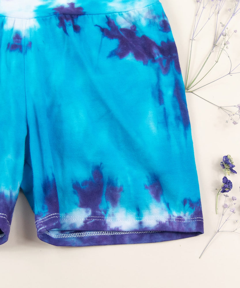Blue tie dye wide band yoga shorts by Akasha Sun.
