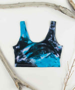 Blue and black tie dye crop top by Akasha Sun.