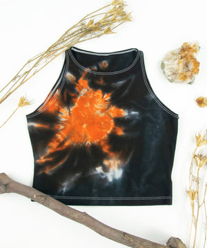 
                
                    Load image into Gallery viewer, Orange Chakra tie dye crop top by Akasha Sun.
                
            