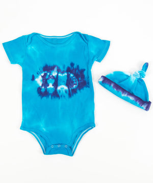 Blue and purple tie dye baby onesie and hat set.