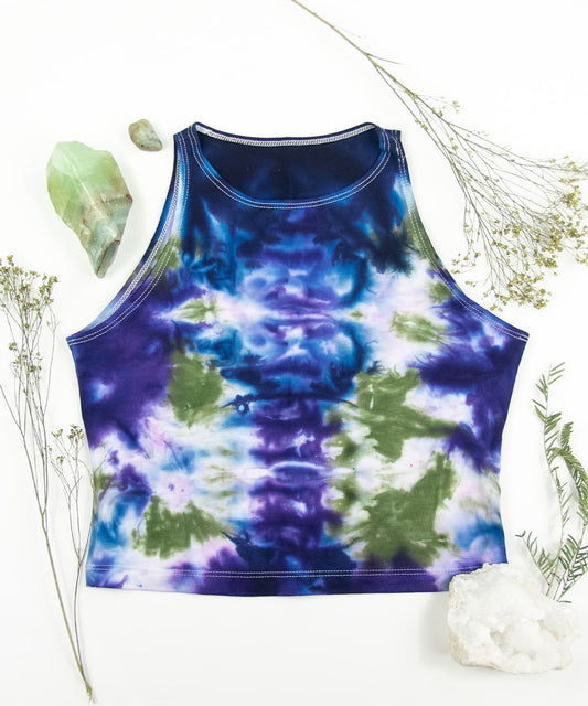 Blue + green tie dye crop top by Akasha Sun.