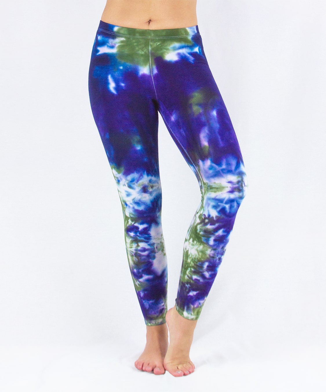Navy blue and green tie dye yoga leggings by Akasha Sun.