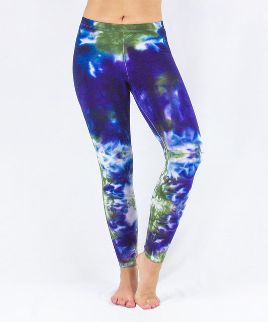 Navy blue and green tie dye yoga leggings by Akasha Sun.