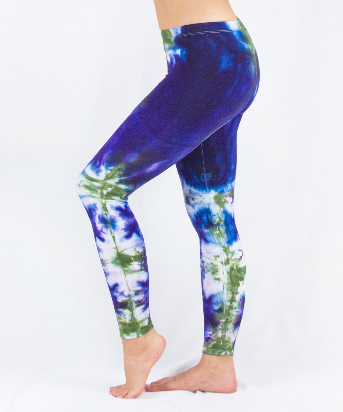 Navy blue and green tie dye yoga leggings by Akasha Sun.