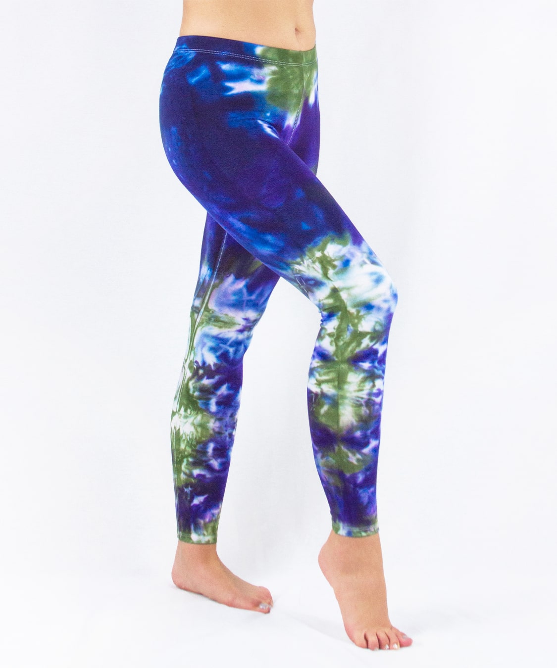 Navy blue and green tie dye yoga leggings by Akasha Sun.