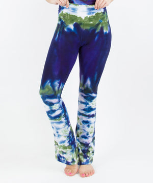 Navy blue and green tie dye yoga pants with a foldover waistband by Akasha Sun.