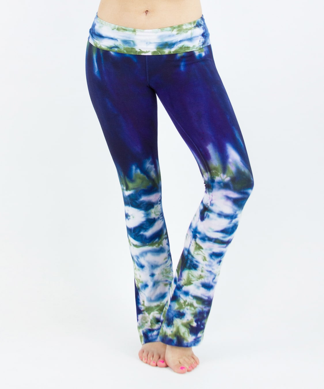 Navy blue and green tie dye yoga pants with a foldover waistband by Akasha Sun.