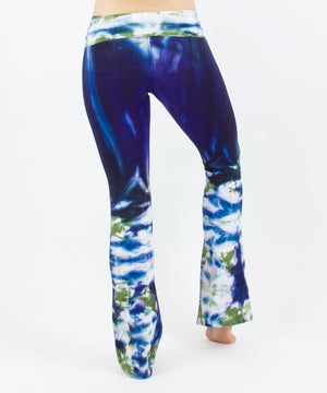 Navy blue and green tie dye yoga pants with a foldover waistband by Akasha Sun.