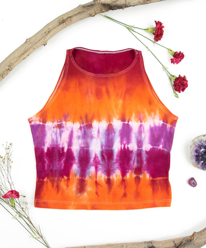 
                
                    Load image into Gallery viewer, Orange + purple tie dye crop top by Akasha Sun.
                
            