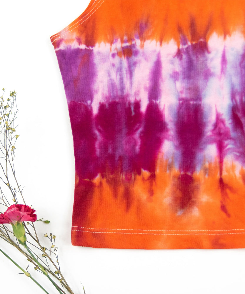 
                
                    Load image into Gallery viewer, Orange + purple tie dye crop top by Akasha Sun.
                
            