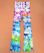 Rainbow ice dye yoga pants with a wide waistband by Akasha Sun.