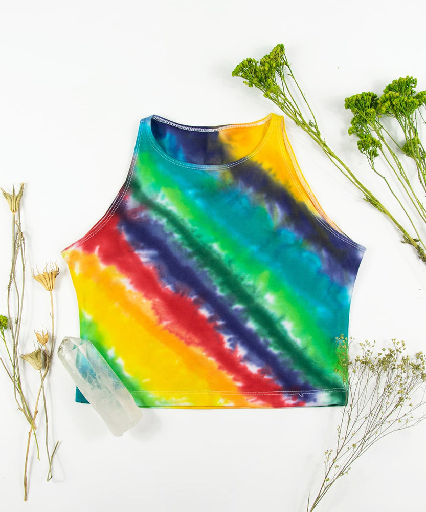 Rainbow tie dye crop top by Akasha Sun.