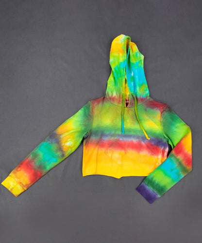 Rainbow tie dye hoodie crop top with a hood, drawstrings, and long sleeves.