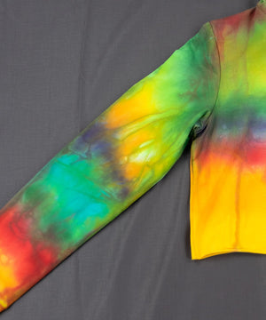 Rainbow tie dye hoodie crop top with a hood, drawstrings, and long sleeves.