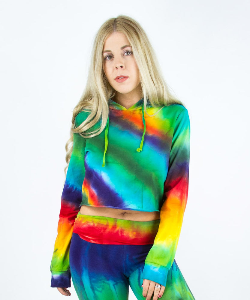 Rainbow Tie Dye Crop Top with a hoodie, drawstrings, and long sleeves.