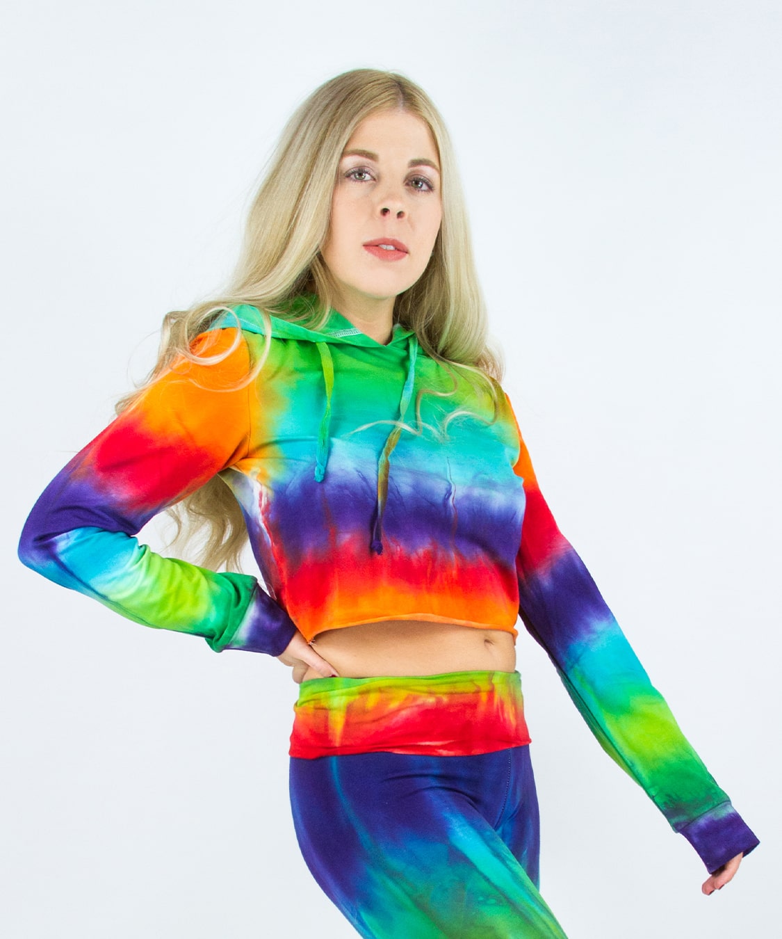 Rainbow Tie Dye Crop Top with a hoodie, drawstrings, and long sleeves.