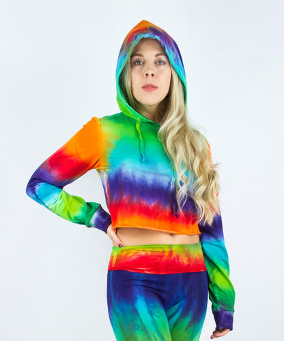 Rainbow Tie Dye Crop Top with a hoodie, drawstrings, and long sleeves.