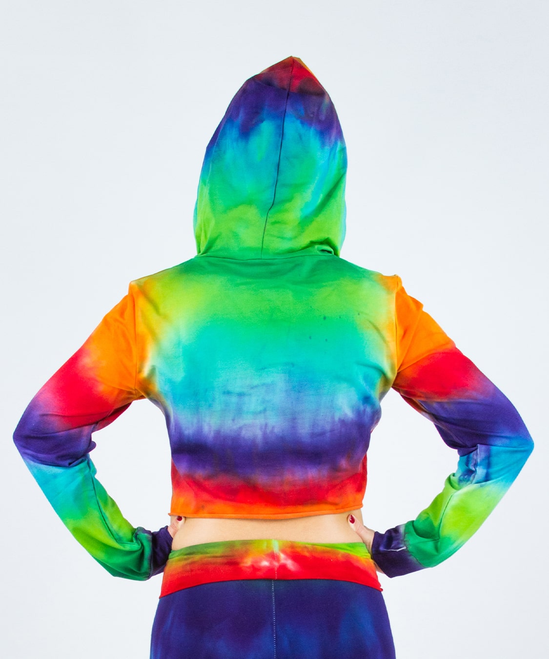 Rainbow Tie Dye Crop Top with a hoodie, drawstrings, and long sleeves.