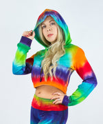 Rainbow Tie Dye Crop Top with a hoodie, drawstrings, and long sleeves.