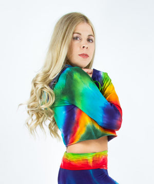 
                
                    Load image into Gallery viewer, Rainbow Tie Dye Crop Top with a hoodie, drawstrings, and long sleeves.
                
            