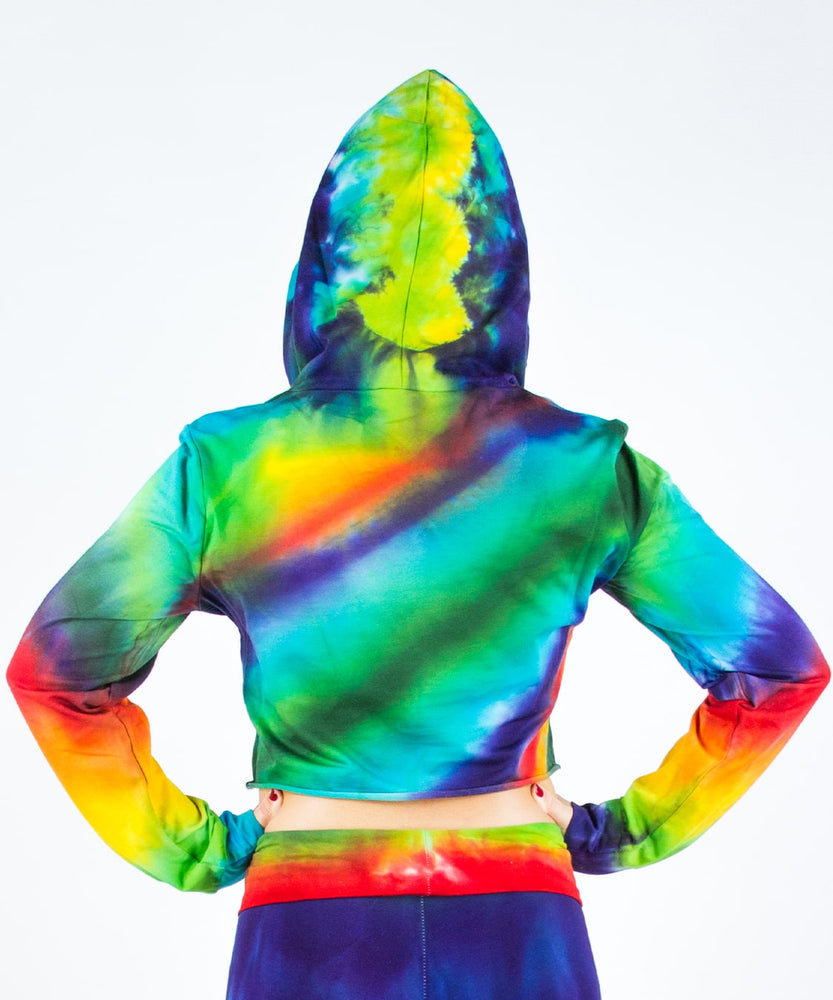 
                
                    Load image into Gallery viewer, Rainbow Tie Dye Crop Top with a hoodie, drawstrings, and long sleeves.
                
            