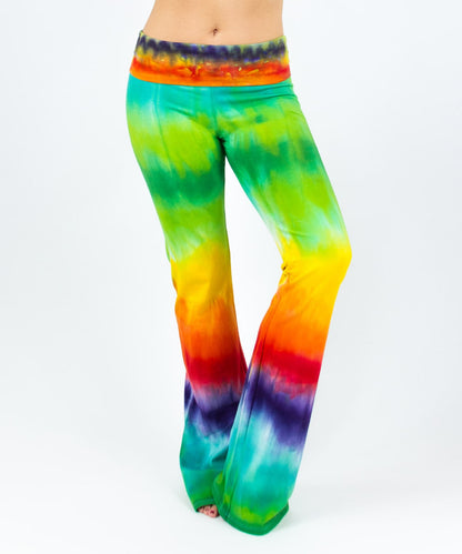 Rainbow tie dye yoga pants with a fold-over waistband.